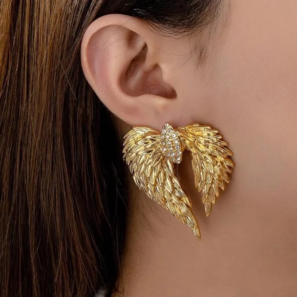 Golden Angel Wing Shaped With Rhinestone Statement, Vintage inspired Earrings - Picture 2 of 8